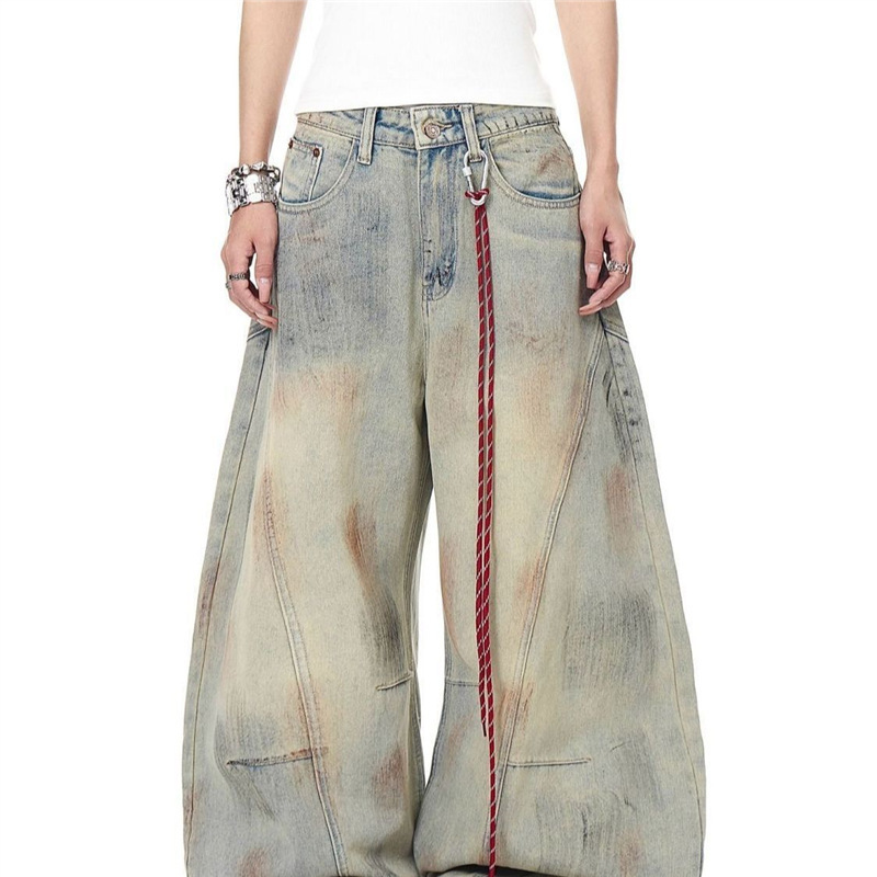 American High Street Vibe Distressed Vintage Deconstructed Scimitar Jeans Unisex Spring and Autumn Wasteland Style Loose Wide-Leg Pants
