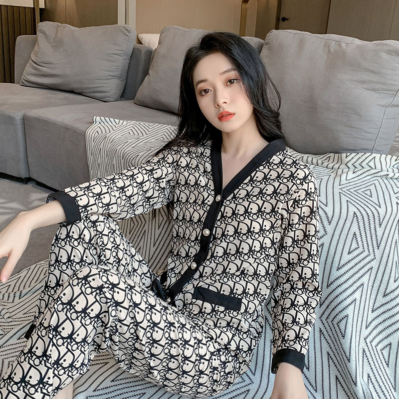 Amazon Foreign Trade Autumn and Summer Plus-Size Cotton V-Neck Cardigan Long-Sleeve Pajamas for Women Ice Silk Loungewear