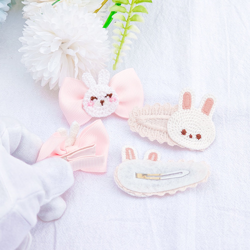 Children's woolen knitted rabbit BB clip, pink gift girl hair accessories, cute rabbit bow full clip