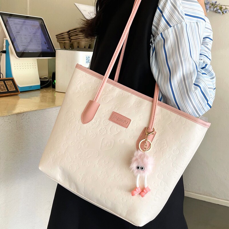 Large-Capacity Contrasting Color Handbag Women's 2024 Autum New Embossed Fashion Versatile Shoulder Bag Commuter Tote Bag