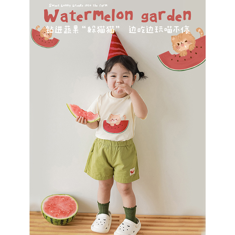 Wulibuyi Girls' Set Watermelon T-Shirt 2026 Summer New Cute Cartoon Shorts Baby Jogger Pants Trendy