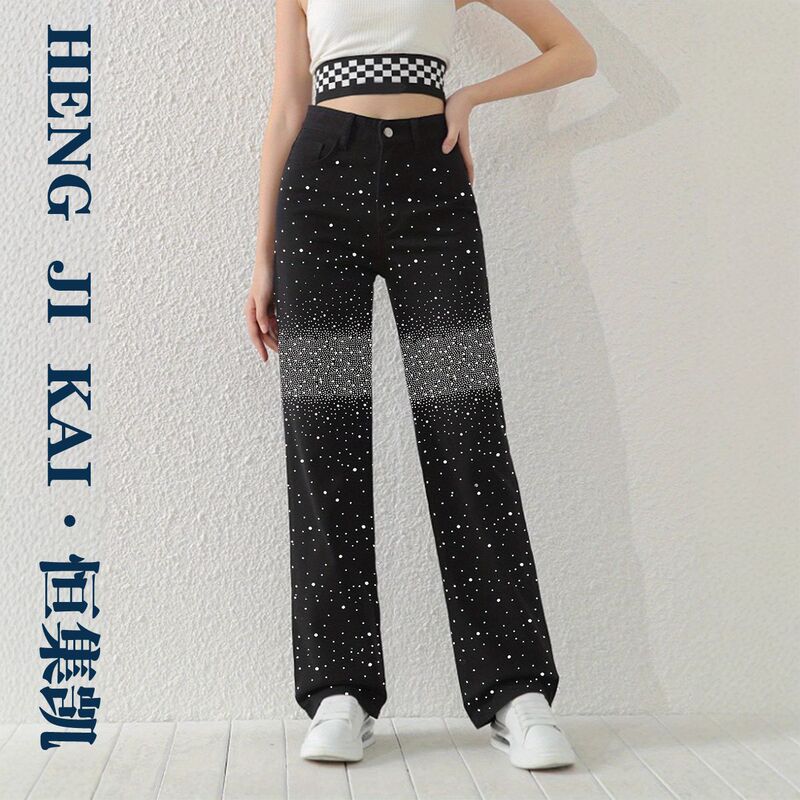 [Cross-Border Hot Style] Women's Elegant and Fashionable Full-Length Pants with Hot Diamonds, Black Denim Straight Pants, Rhinestone Gradient Design
