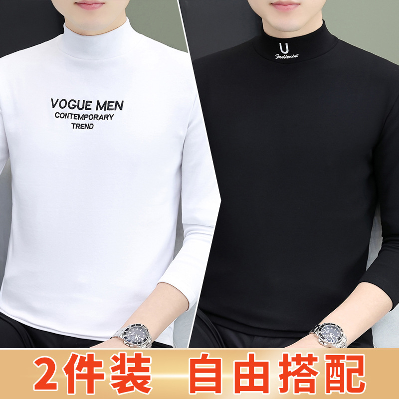 하이 퀄리티 남성용 베이스 셔츠 가을 옷 따뜻한 하프 하이 칼라 긴팔 티셔츠 유행 95% 면 남성 티셔츠 내부 탑