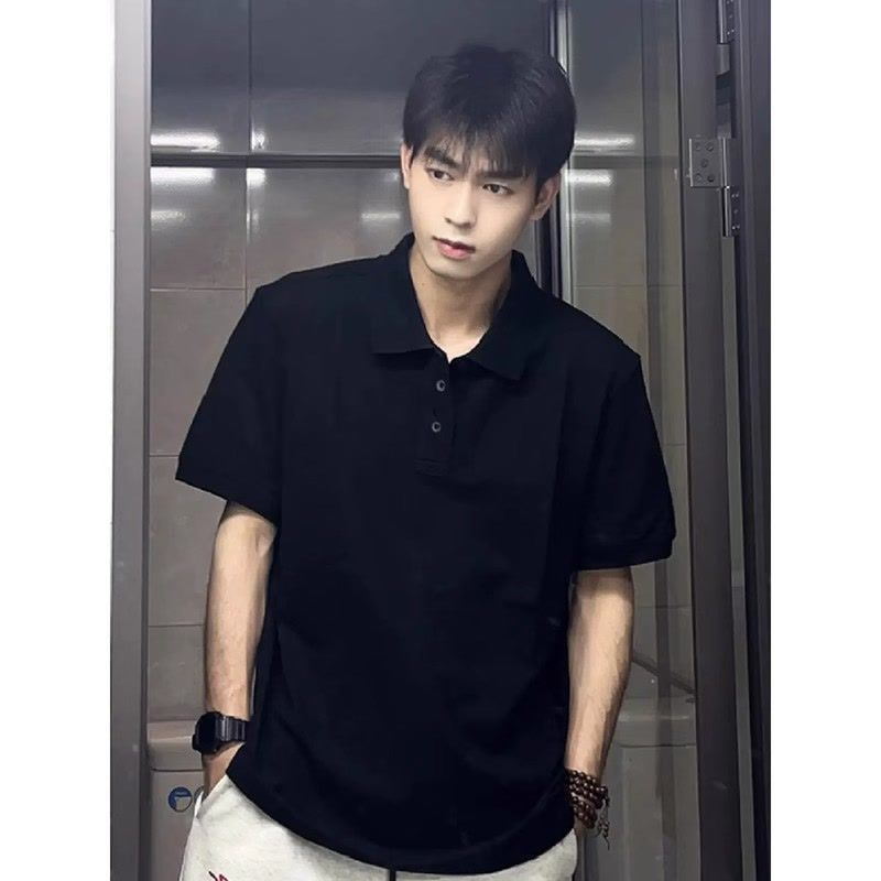 Summer New Pure Black Short-Sleeved Polo Shirt Men's Lapel American Retro Business Pure Color T-Shirt Shirt Top