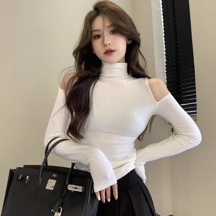 ins性感纯欲半高领打底衫女上衣秋冬新款露肩修身显瘦长袖t恤女潮