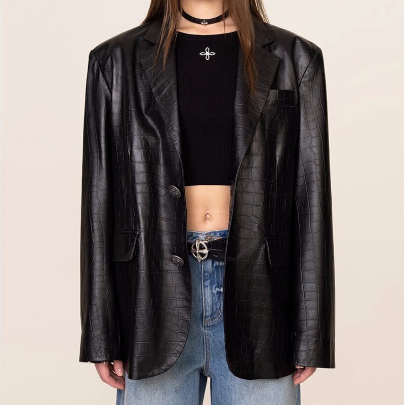 Smfk Black Crocodile Retro Leather Suit Wang Suzy's Same Textured Goatskin Leather Jacket Spring Ready Stock