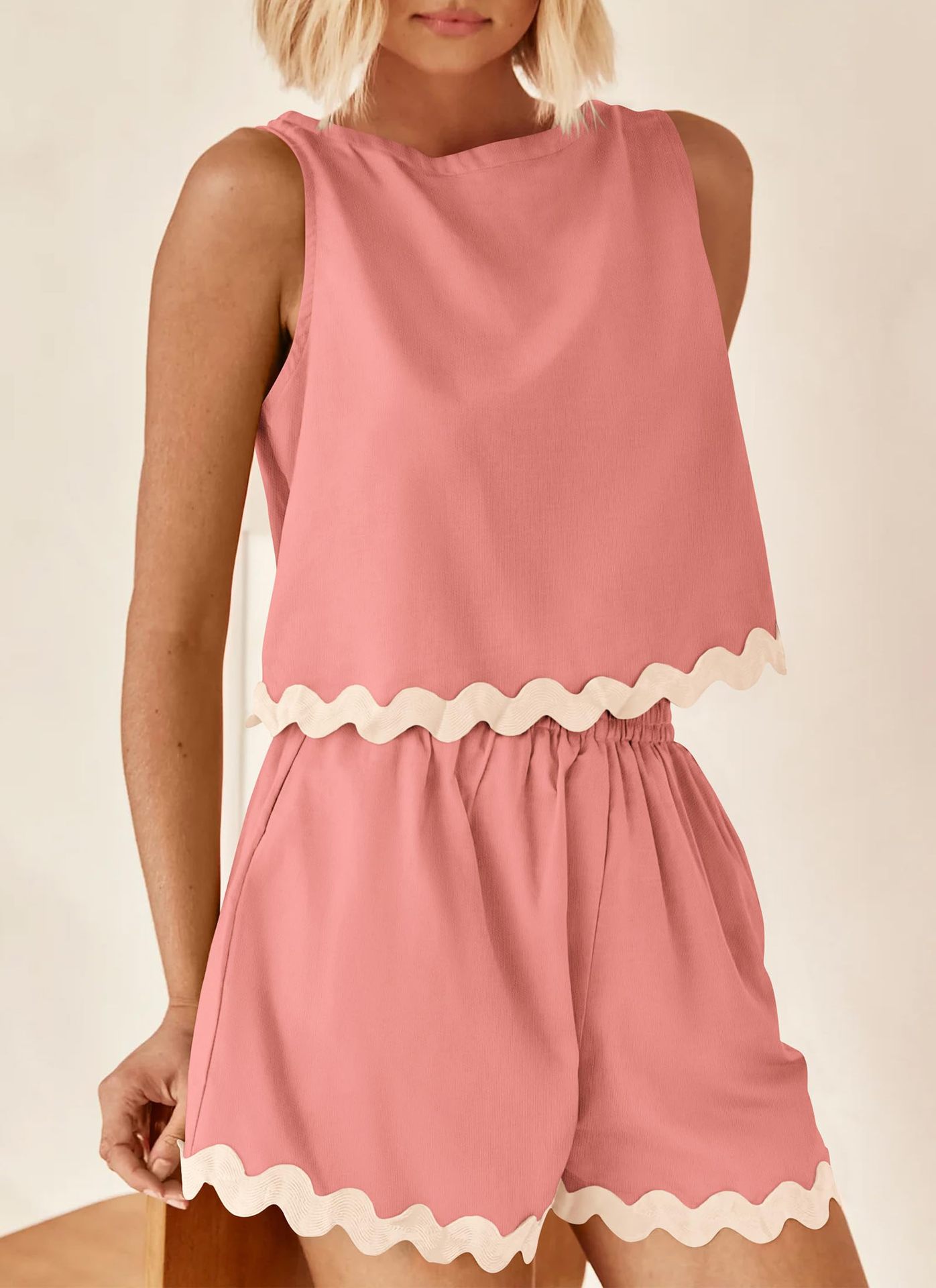 227g Weight Sleeveless Sleeve Length Linen, Lace Fabric Type Shorts Pants Type Shorts Co-ord Set Sets Type 2 Pieces Set Quantity Daily Occasion Round Neck Neckline Loose Fit Type Color Block, Waves Pattern Summer Season Women's Gender Casual Style Lace Craft Daily Women's Casual Color Block Waves Linen Lace Shorts Co-ord Set Shorts Shorts Sets 21