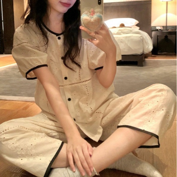 South Korea Ins Women's Summer French Style Chanel Style Lace Hollow-out Embroidered Short-sleeved Trousers Home Clothes Pajamas suit