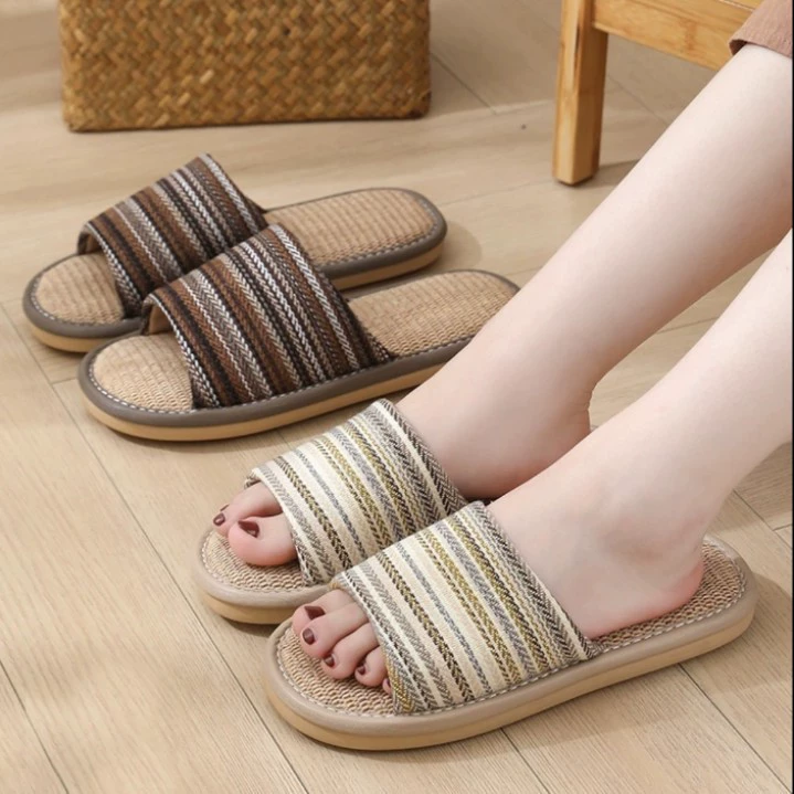 Летние льняные тапочки женские комнатные вспоты Пляжная пара тапочки домашние тихие холодные тапочки легкие цветные полоски оптом