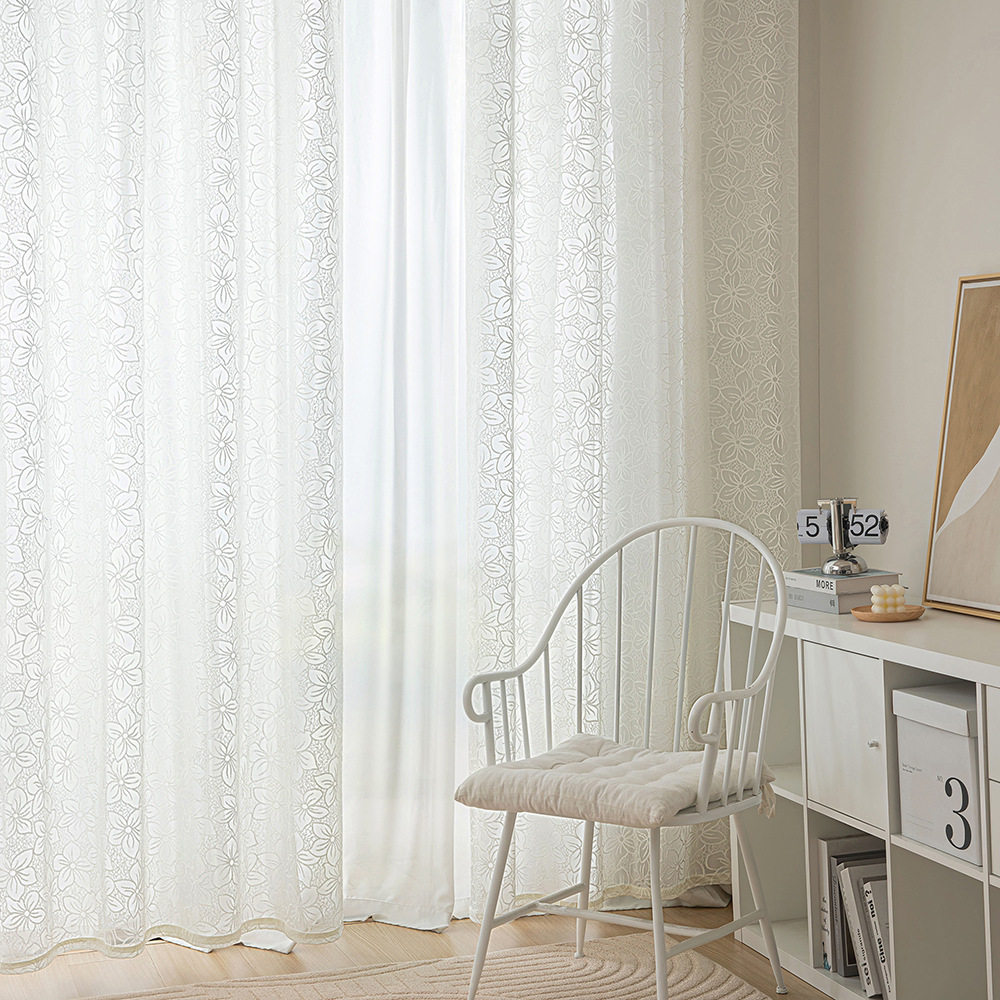French-style cherry embroidery sheer curtain for living room&mdash;light-transmitting but not see-through&mdash;curtain for guesthouses and tea rooms&mdash;ready-made sheer curtains available wholesale
