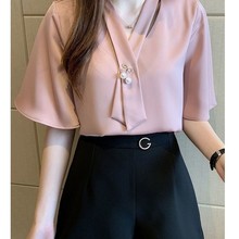 雪纺衬衫女中袖夏季新款韩版宽松洋气小衫喇叭袖v领气质打底衬衣