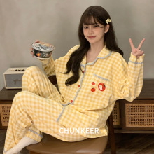 春秋睡衣女款格子可爱卡通长袖开衫甜美家居服加大码学生秋冬套装