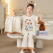 2025新款女童睡衣夏季儿童纯棉短袖三件套女孩夏款公主宝宝家居服