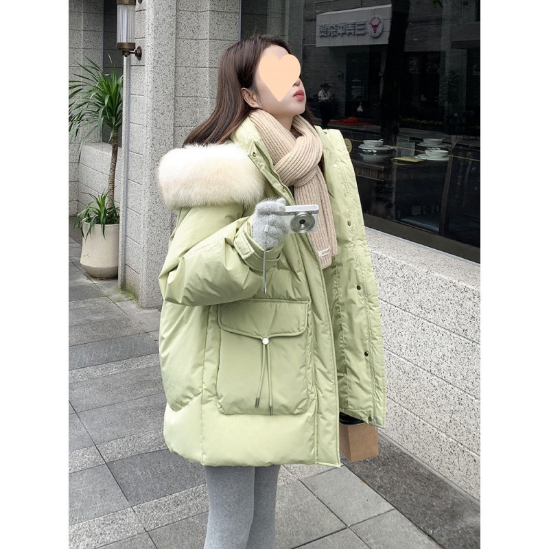 화이트 덕 다운 후드 겨울 2025 새로운 여성 한국 스타일 중간 길이 다운 재킷 작은 두꺼운 느슨한 빵 재킷