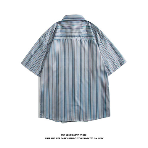 Japanese Striped Short-Sleeve Shirt for Men and Women, Summer Trend Brand, Loose Fit Couple Casual Collared Work Shirt and Jacket