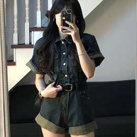 美式复古牛仔连体裤女夏季设计感小众收腰显瘦小个子阔腿休闲短裤