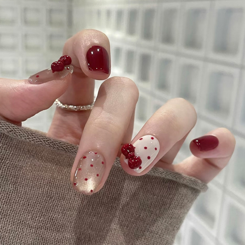 Wearable Short Style High-End New Year Atmosphere Manicure Exquisite Wine Red Polka Dot Bow Nail Patch Finished Product Wearable Short Style High-End New Year Atmosphere Manicure Exquisite Wine Red Polka Dot Bow Nail Patch Finished Product