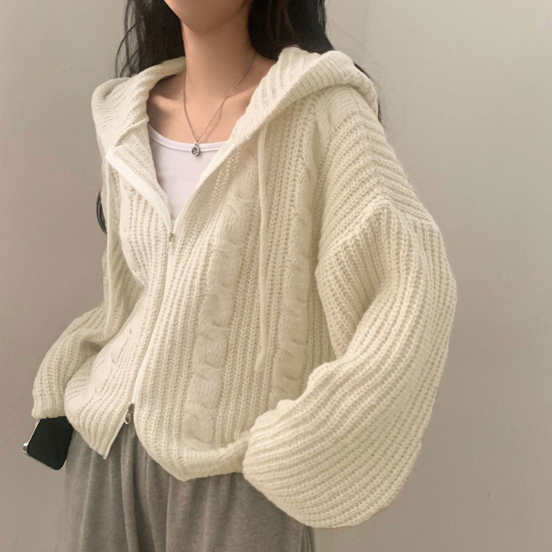 Autumn and Winter New Korean Style Lazy Style Loose Twist Double Zipper Hooded Long-Sleeved Knitted Sweater Cardigan Jacket for Women Autumn and Winter New Korean Style Lazy Style Loose Twist Double Zipper Hooded Long-Sleeved Knitted Sweater Cardigan Jacket for Women