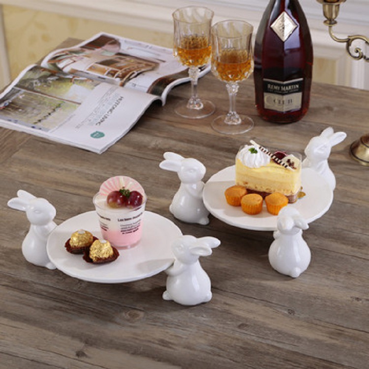 Bandeja decorativa de cerámica creativa estilo europeo con motivo de conejo, para postres, frutas y uso doméstico