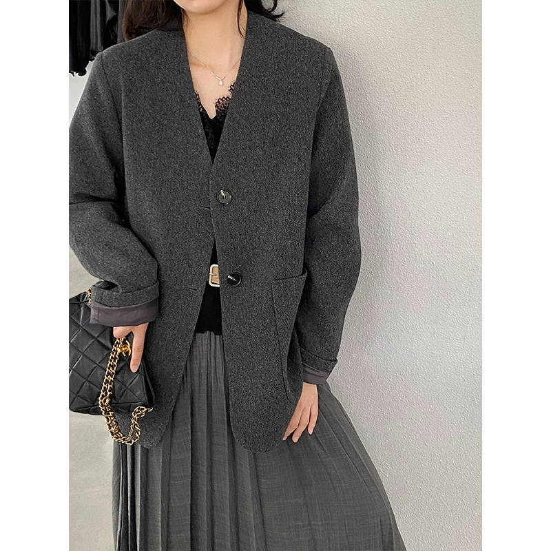 【福利款 不退换】江左 高级无领经典深V百搭纯色西装外套女 6362