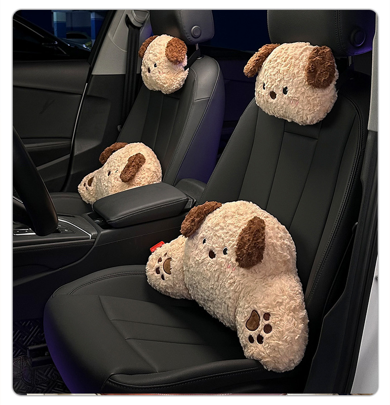 Blue Rain Stuffed Car Headrest Neck Pillow Cute Puppy Car Seat Lumbar Pillow Plaid Car Interior Supplies