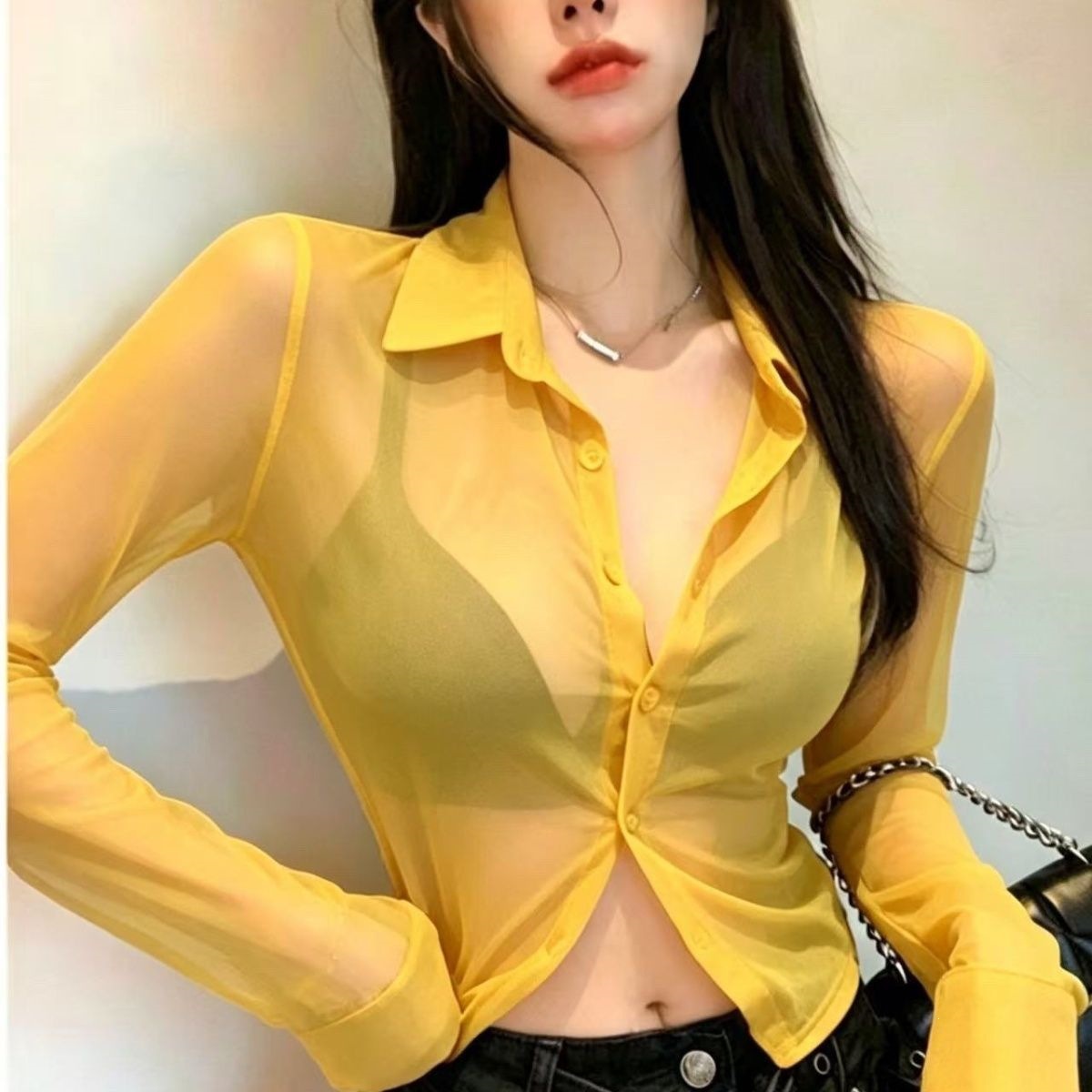 黄色衬衫防晒辣妹长袖性感薄款夏季显瘦网纱设计新款透视纯欲上衣
