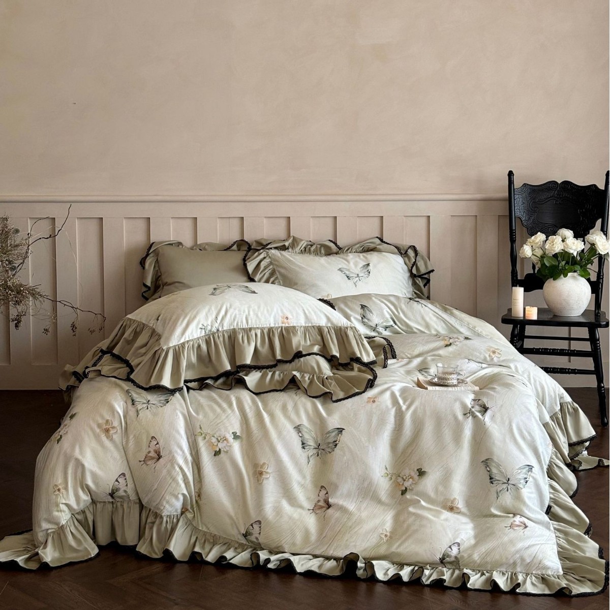 Nordic French Vintage Boho French High-End Pure Long-Staple Cotton Four-Piece Set All-Cotton Digital Print Vintage Style Lace Fresh Bedding_voghion.com