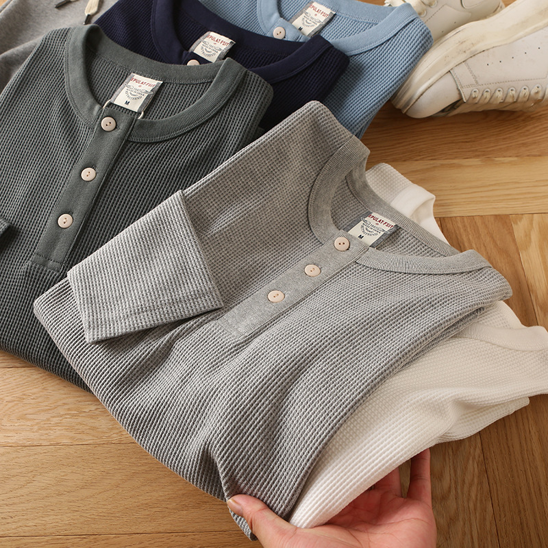 Tough Guy Style Henry V-Neck Live Streaming Dropshipping Men's Cotton Waffle Long Sleeve T-Shirt Base Layer Cotton Trend