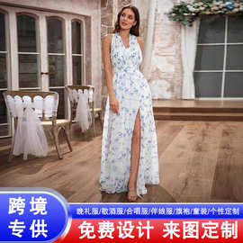 夏季新款女装碎花洋裙欧美外贸跨境吊带舞会晚礼服一款多穿长裙女