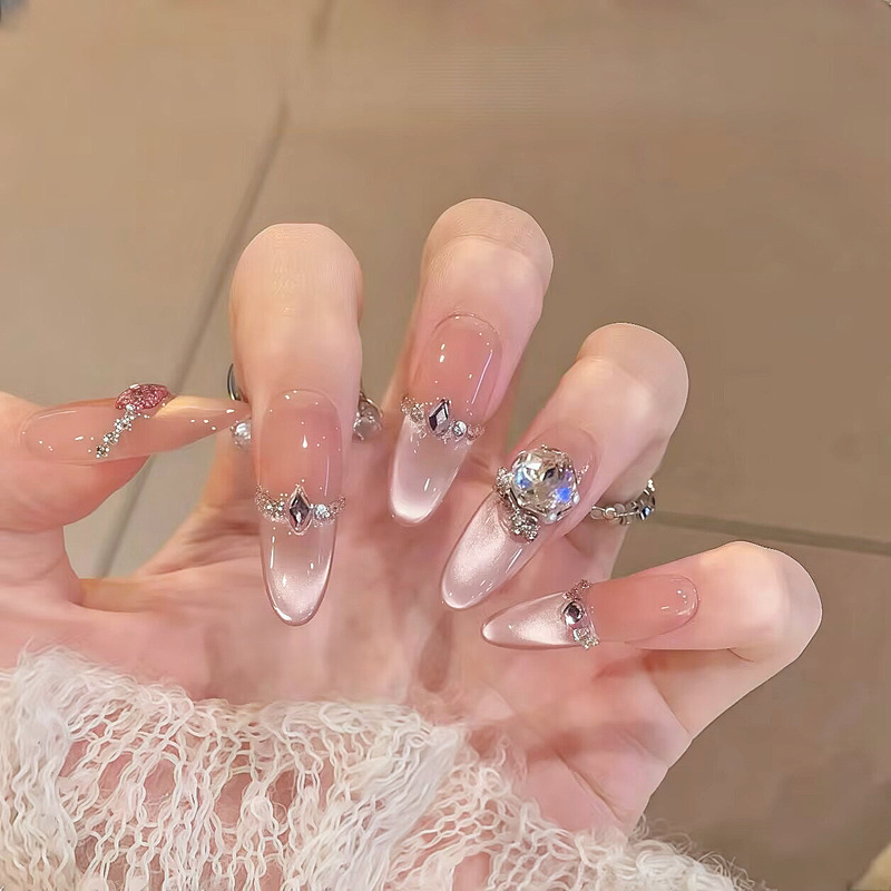 [Pink Lychee] Popular Handmade Phototherapy Wearable Nails, White Cat Eyes, Accessible Luxury Wholesale Nail Patches, Removable