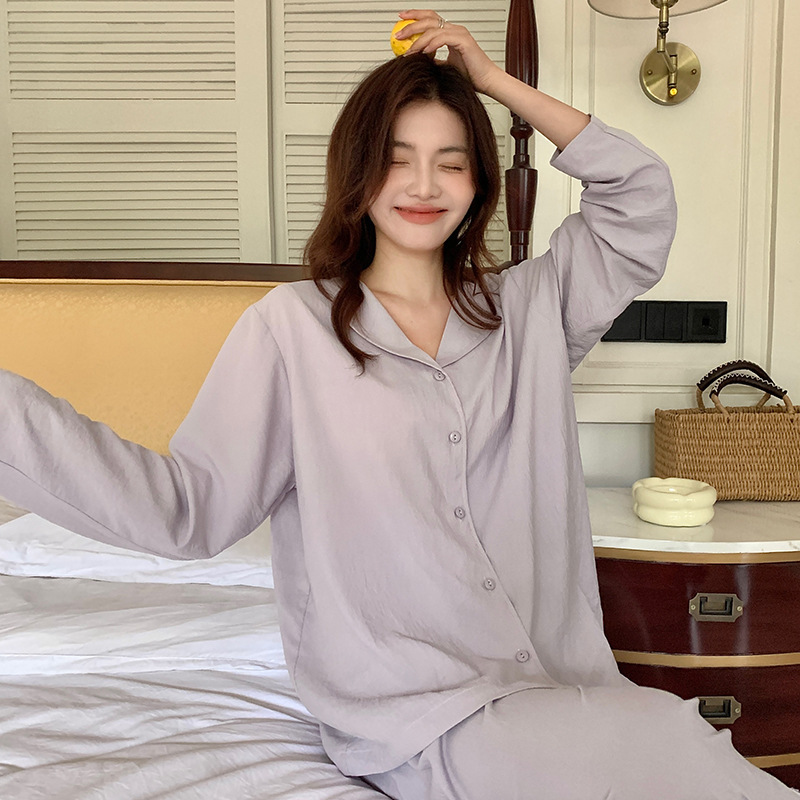 Sendao spring and summer button women's home wear new solid color long-sleeved cardigan top suit casual outerwear pajamas