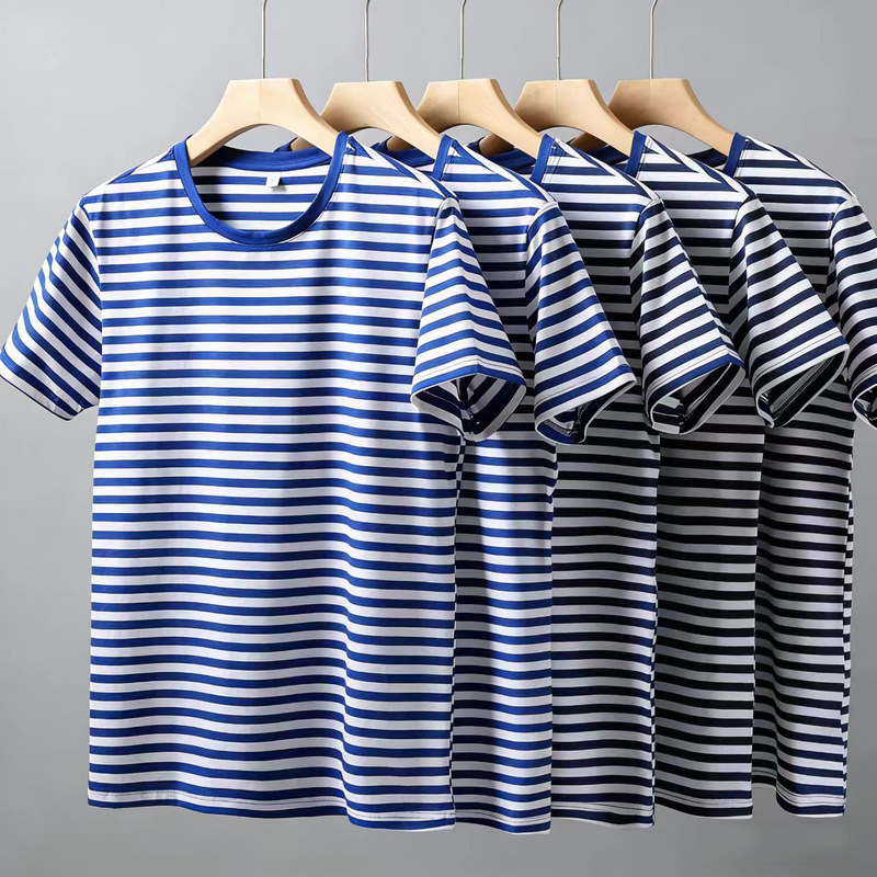 180g Pure Cotton Navy Shirt Physical Training Clothing for Men and Women, Summer Short-Sleeved Breathable Blue, White, and Black Striped T-Shirt 180g Pure Cotton Navy Shirt Physical Training Clothing for Men and Women, Summer Short-Sleeved Breathable Blue, White, and Black Striped T-Shirt