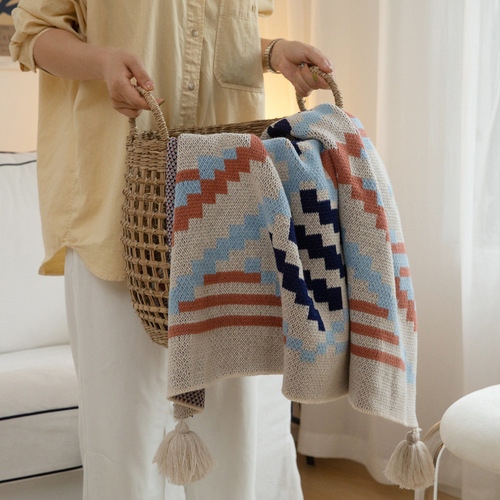 Bohemian style sofa throw blanket bay window blanket knitted blanket ethnic style wave air conditioning blanket tassel nap blanket
