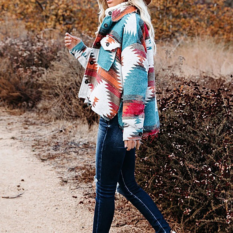 Geometric Print Cardigan Woolen Coat