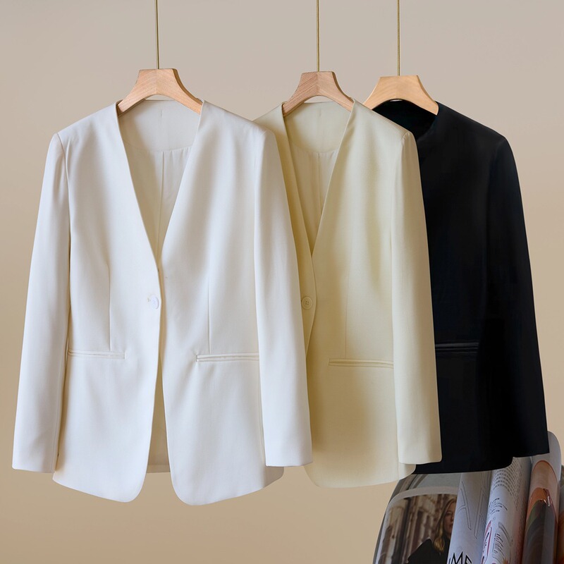 Endi Elegant Wool Acetate Blazer for Women, High-End Feel, Spring Season, Twill, Single Button, V-Neck Small Suit Jacket