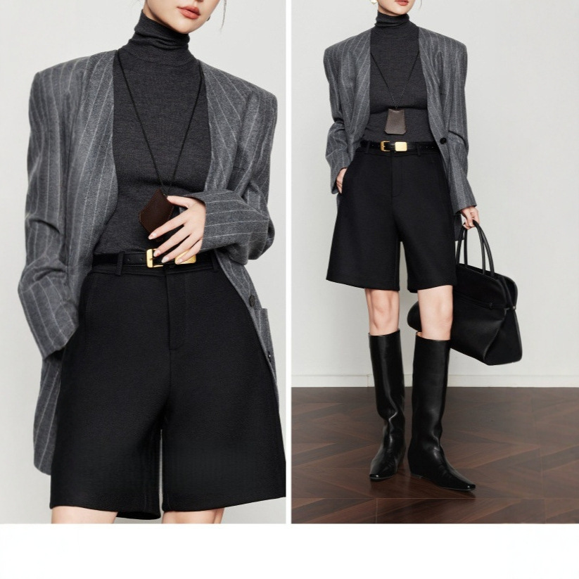 30% Wool Bermuda Shorts for Women, New Black Casual Pants, Boot Shorts for Outerwear