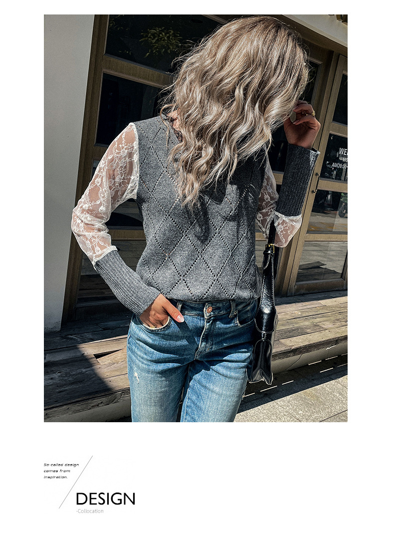 Solid Color Lace Splicing V-neck Pullover Sweater Pullover_voghion.com