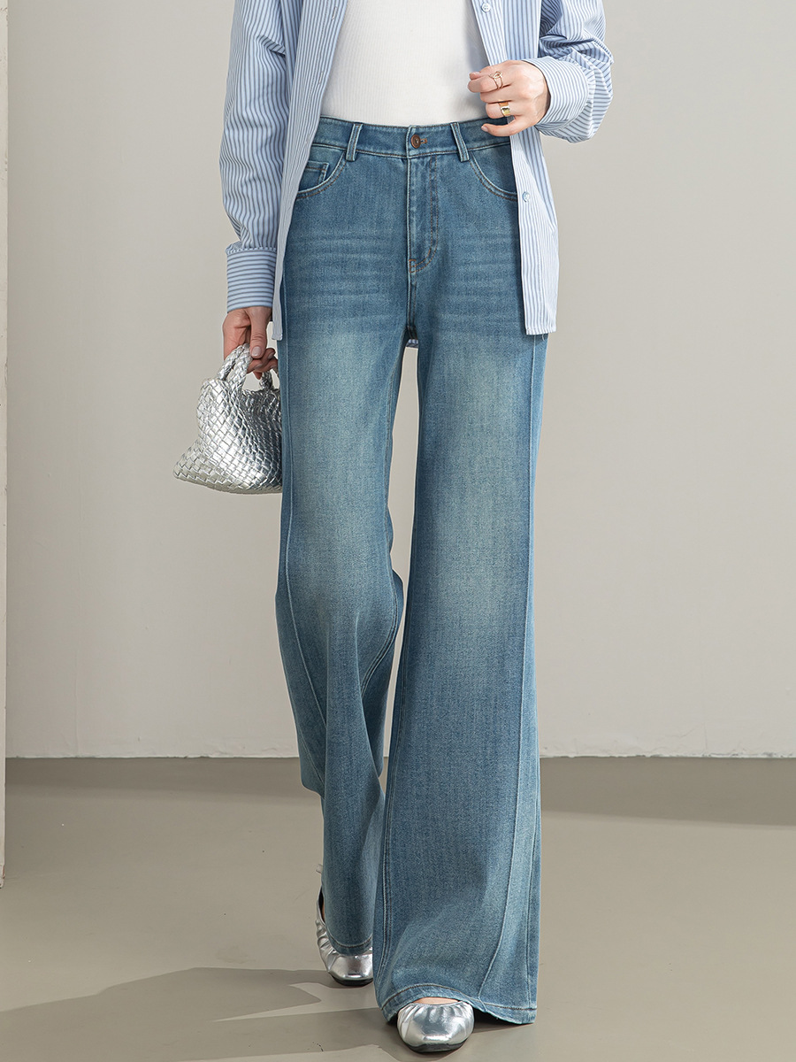 Quần jean nữ cạp cao ống rộng vải Tencel cotton co giãn 4 chiều dáng suông nhẹ — xanh lam