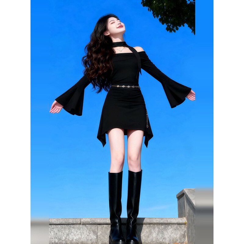French-style black off-shoulder long-sleeve dress for women, autumn/winter 2026 new slim-fit waist-cinching pleated short dress