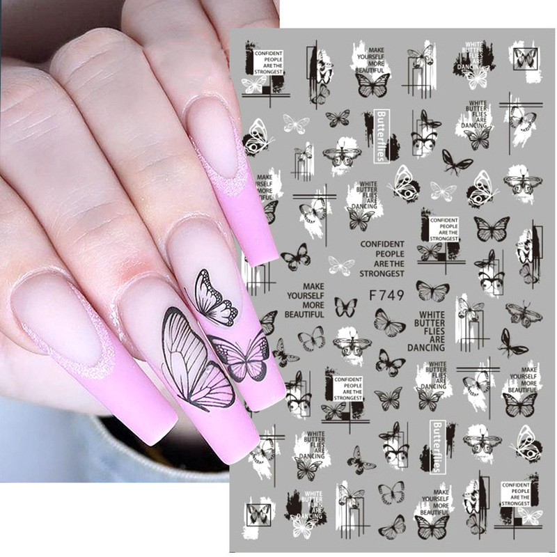 Cross-border new nail art stickers ins black and white butterfly punk style letters art lines 3D adhesive nail patch
