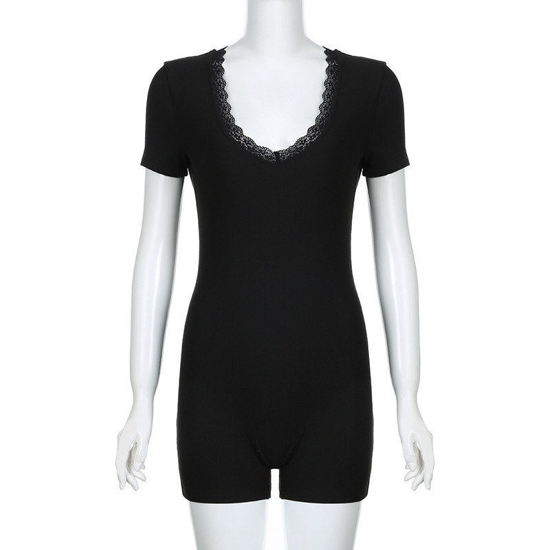 Casual Sexy Women Lace V neck Patchwork Personality Street Spring Summer Tight Short Sleeved Jumpsuit