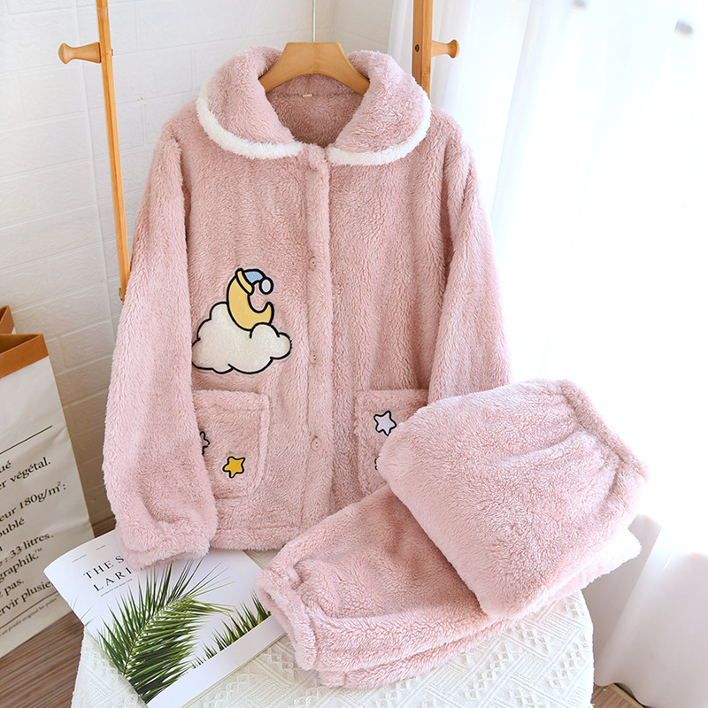 Otoño Invierno mujeres terciopelo Ártico caliente bordado nube solapa suelta pijamas traje ropa interior casual hogar