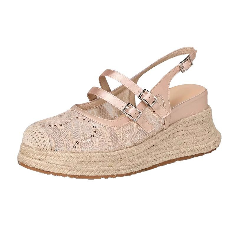 Piel de oveja versión 2025 nuevo verano Baotou sandalias mujer encaje malla hueco transpirable zapatos de plataforma zapatos de pescador tejido de paja