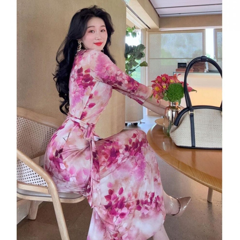 Cross-Border Women's Clothing Xwf8850 Sweet Peach Pink Slimming Tie-Waist Wrap Dress 2026 Summer French Style Long Dress Cross-Border Women's Clothing Xwf8850 Sweet Peach Pink Slimming Tie-Waist Wrap Dress 2026 Summer French Style Long Dress