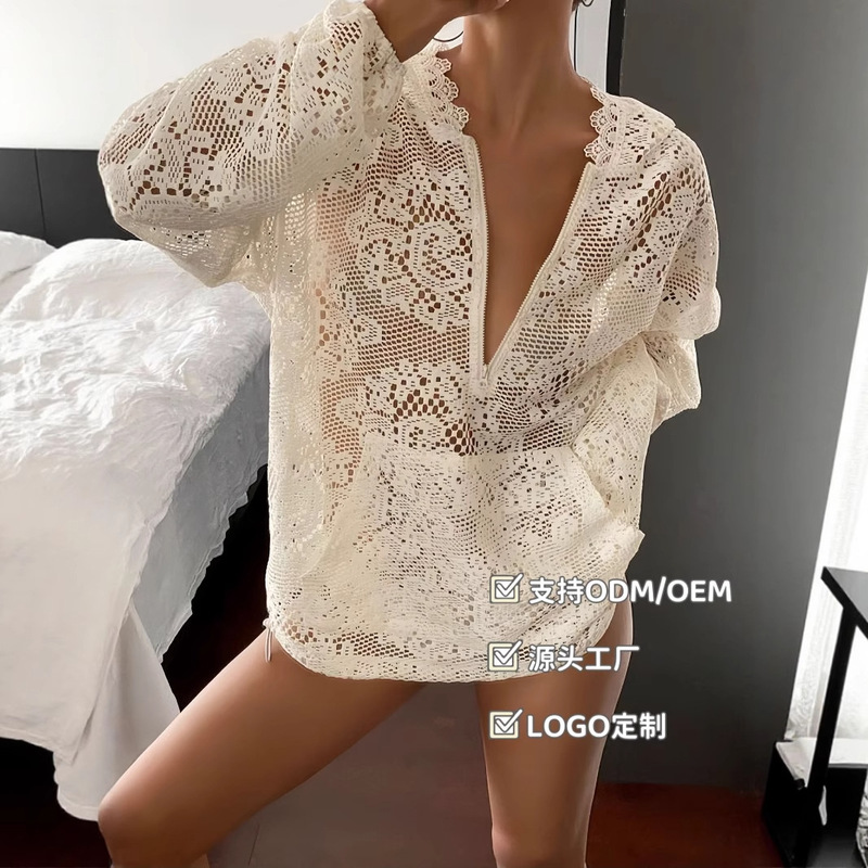 European and American Casual Lace T-Shirt Tops for Women Petite Hoodies 2025 Cross-Border Amazon Cut Out Long-Sleeved Shirts