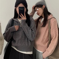 レトロなデザイン感麻花ニット女性秋冬新作韓国版polo襟ファスナーカバー頭柔らかいモチモチのセーターコート