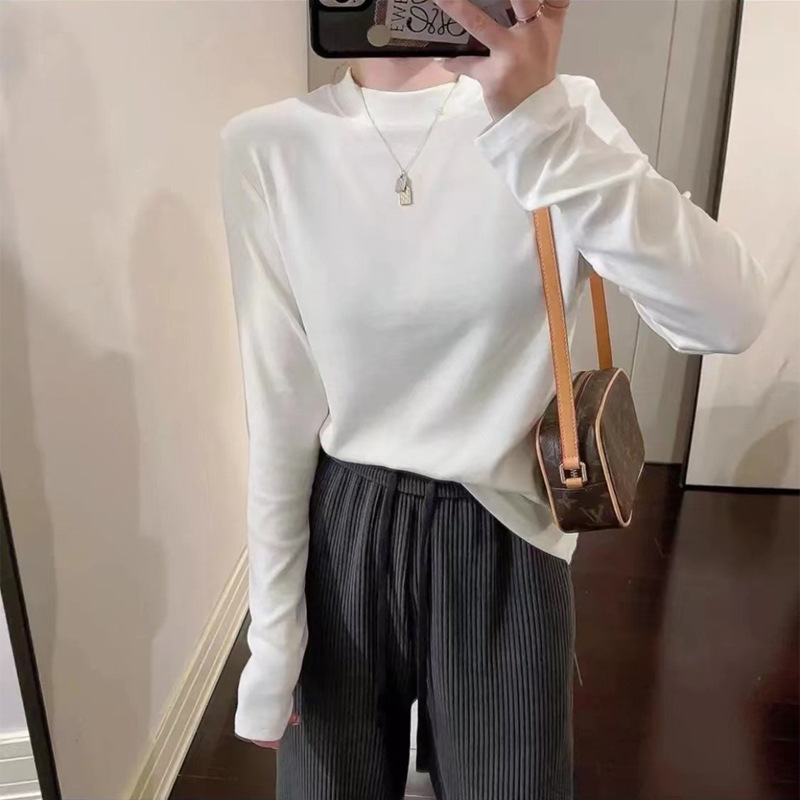 新款加绒加厚长袖半高领打底衫女秋冬内搭小立领磨毛针织T恤上衣