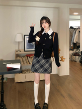大码学院风假两件韩版开衫针织上衣女秋冬款毛衣格纹短裙两件套装