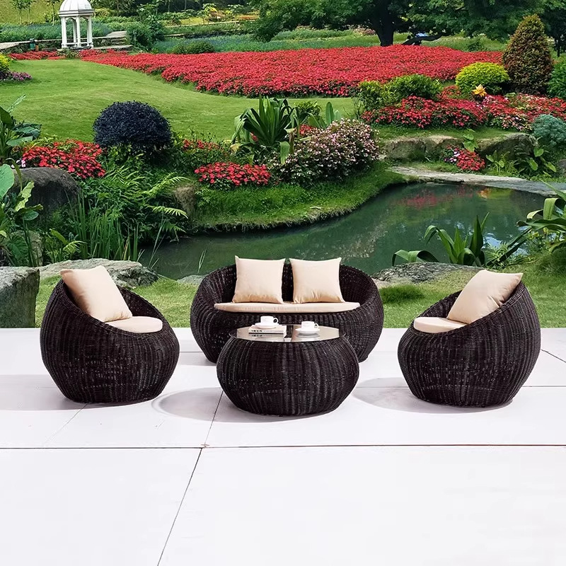 Balcón al aire libre sofá tela de caña mesa de té combinación de caña ocio al aire libre patio silla de caña jardín al aire libre muebles tejidos