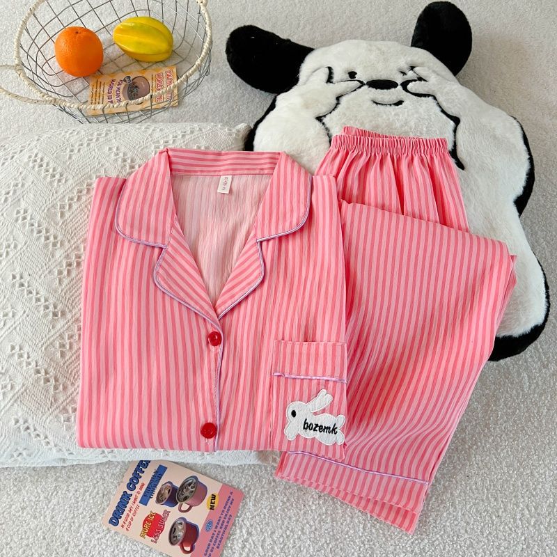 Al por mayor transfronterizo nueva primavera y otoño red bordada delgada nube de algodón dulce pijama de manga larga pantalones largos set de ropa para el hogar
